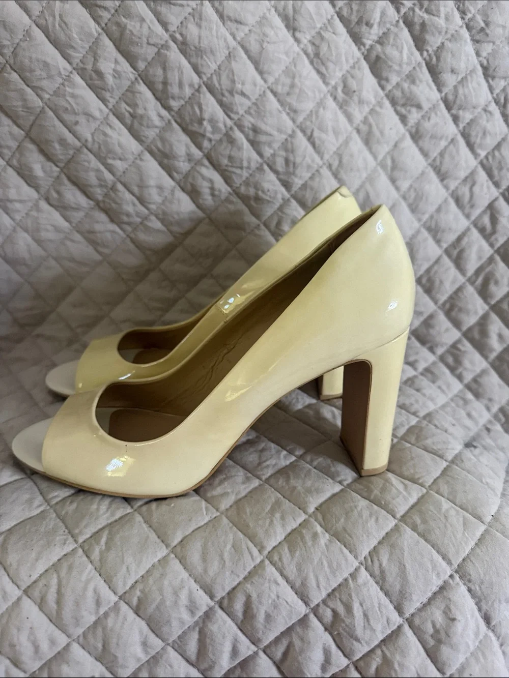 DKNY Cream Patent Peep-Toe Heels